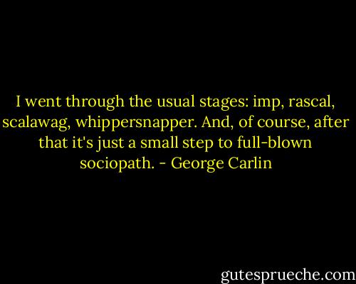 I went through the usual stages: imp, rascal, scalawag, whippersnapper. And, of course, after that it's just a small step to full-blown sociopath. - George Carlin