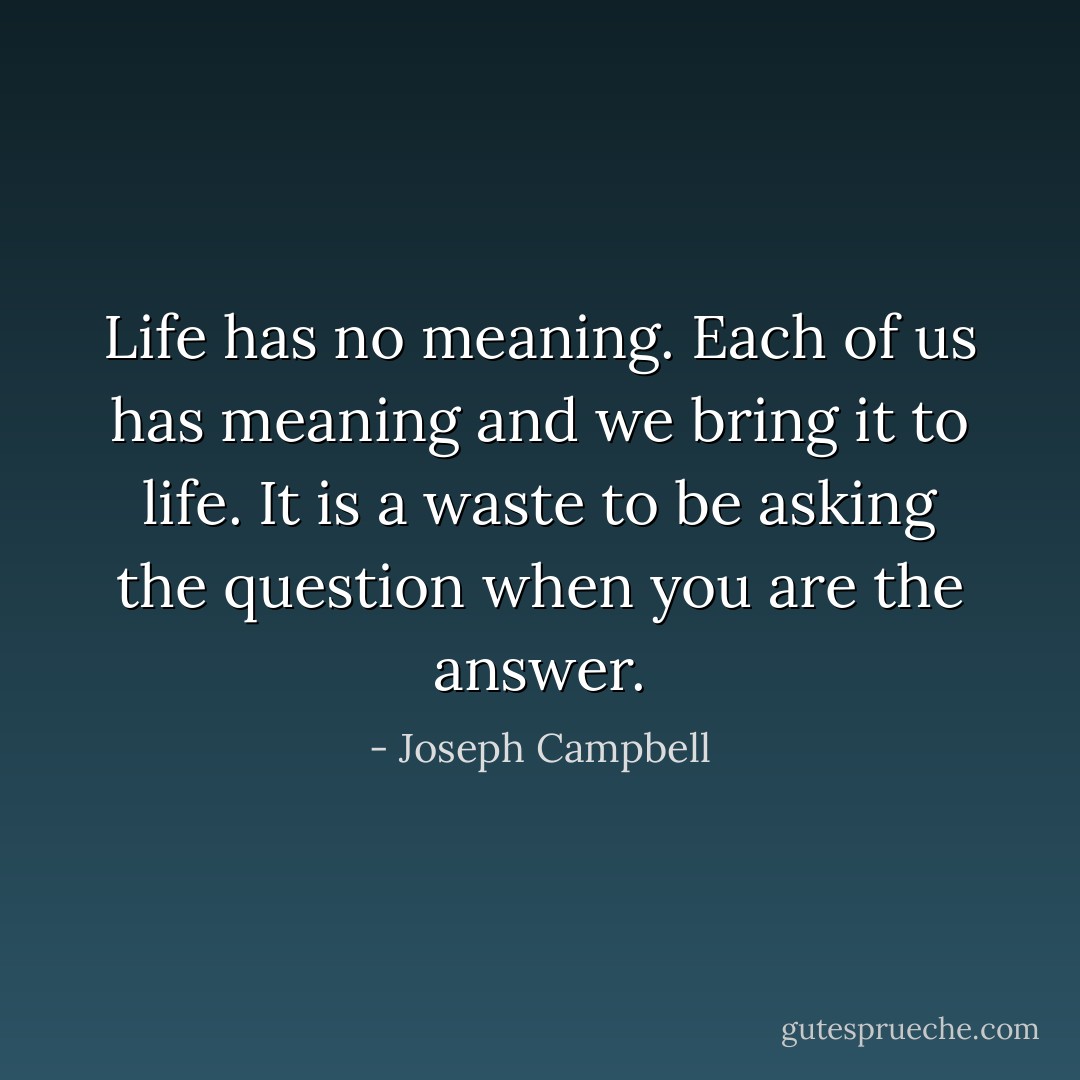 Life has no meaning. Each of us has meaning and we bring it to life. It is a waste to be asking the question when you are the answer. - Joseph Campbell