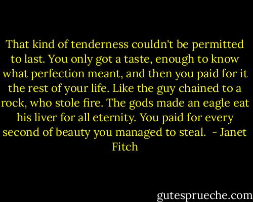 That kind of tenderness couldn't be permitted to last. You only got a taste, enough to know what perfection meant, and then you paid for it the rest of your life. Like the guy chained to a rock, who stole fire. The gods made an eagle eat his liver for all eternity. You paid for every second of beauty you managed to steal.  - Janet Fitch