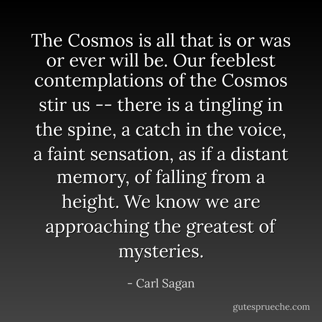 The Cosmos is all that is or was or ever will be. Our feeblest contemplations of the Cosmos stir us -- there is a tingling in the spine, a catch in the voice, a faint sensation, as if a distant memory, of falling from a height. We know we are approaching the greatest of mysteries. - Carl Sagan