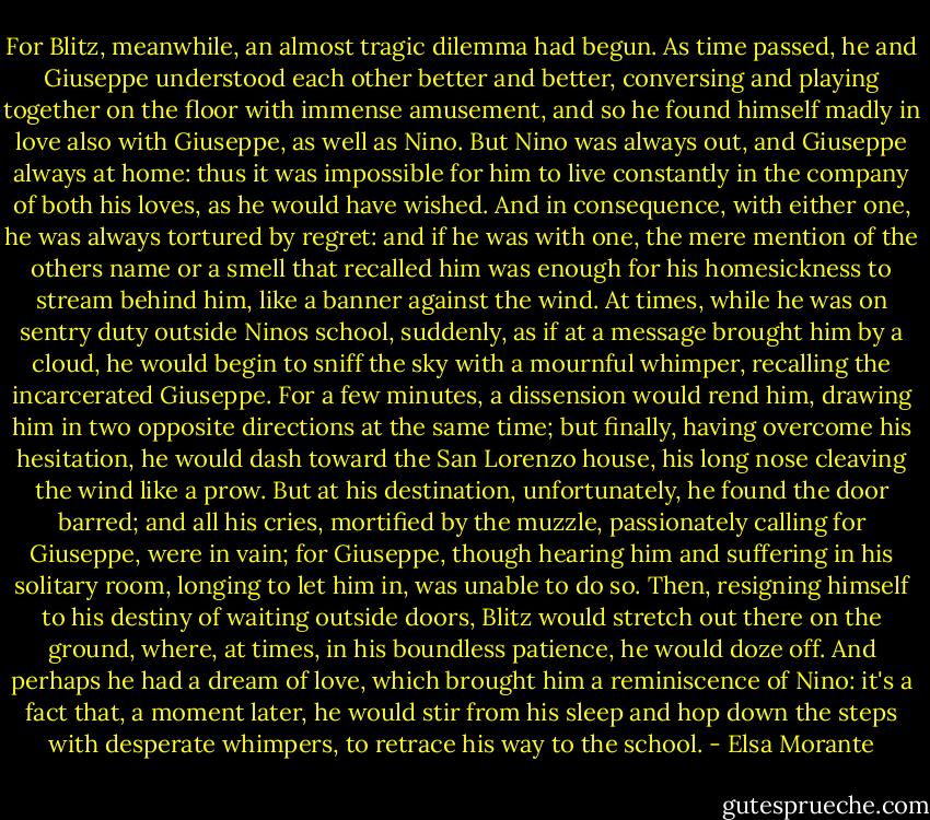 For Blitz, meanwhile, an almost tragic dilemma had begun. As time passed, he and Giuseppe understood each other better and better, conversing and playing together on the floor with immense amusement, and so he found himself madly in love also with Giuseppe, as well as Nino. But Nino was always out, and Giuseppe always at home: thus it was impossible for him to live constantly in the company of both his loves, as he would have wished. And in consequence, with either one, he was always tortured by regret: and if he was with one, the mere mention of the others name or a smell that recalled him was enough for his homesickness to stream behind him, like a banner against the wind. At times, while he was on sentry duty outside Ninos school, suddenly, as if at a message brought him by a cloud, he would begin to sniff the sky with a mournful whimper, recalling the incarcerated Giuseppe. For a few minutes, a dissension would rend him, drawing him in two opposite directions at the same time; but finally, having overcome his hesitation, he would dash toward the San Lorenzo house, his long nose cleaving the wind like a prow. But at his destination, unfortunately, he found the door barred; and all his cries, mortified by the muzzle, passionately calling for Giuseppe, were in vain; for Giuseppe, though hearing him and suffering in his solitary room, longing to let him in, was unable to do so. Then, resigning himself to his destiny of waiting outside doors, Blitz would stretch out there on the ground, where, at times, in his boundless patience, he would doze off. And perhaps he had a dream of love, which brought him a reminiscence of Nino: it's a fact that, a moment later, he would stir from his sleep and hop down the steps with desperate whimpers, to retrace his way to the school. - Elsa Morante