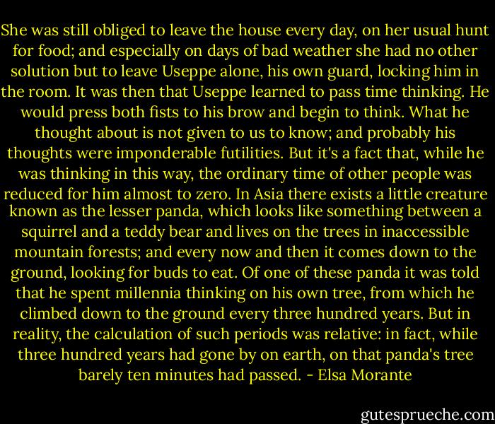 She was still obliged to leave the house every day, on her usual hunt for food; and especially on days of bad weather she had no other solution but to leave Useppe alone, his own guard, locking him in the room. It was then that Useppe learned to pass time thinking. He would press both fists to his brow and begin to think. What he thought about is not given to us to know; and probably his thoughts were imponderable futilities. But it's a fact that, while he was thinking in this way, the ordinary time of other people was reduced for him almost to zero. In Asia there exists a little creature known as the lesser panda, which looks like something between a squirrel and a teddy bear and lives on the trees in inaccessible mountain forests; and every now and then it comes down to the ground, looking for buds to eat. Of one of these panda it was told that he spent millennia thinking on his own tree, from which he climbed down to the ground every three hundred years. But in reality, the calculation of such periods was relative: in fact, while three hundred years had gone by on earth, on that panda's tree barely ten minutes had passed. - Elsa Morante