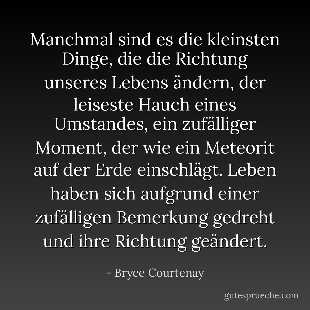 Manchmal sind es die kleinsten Dinge, die die Richtung unseres Lebens ändern, der leiseste Hauch eines Umstandes, ein zufälliger Moment, der wie ein Meteorit auf der Erde einschlägt. Leben haben sich aufgrund einer zufälligen Bemerkung gedreht und ihre Richtung geändert. - Bryce Courtenay<