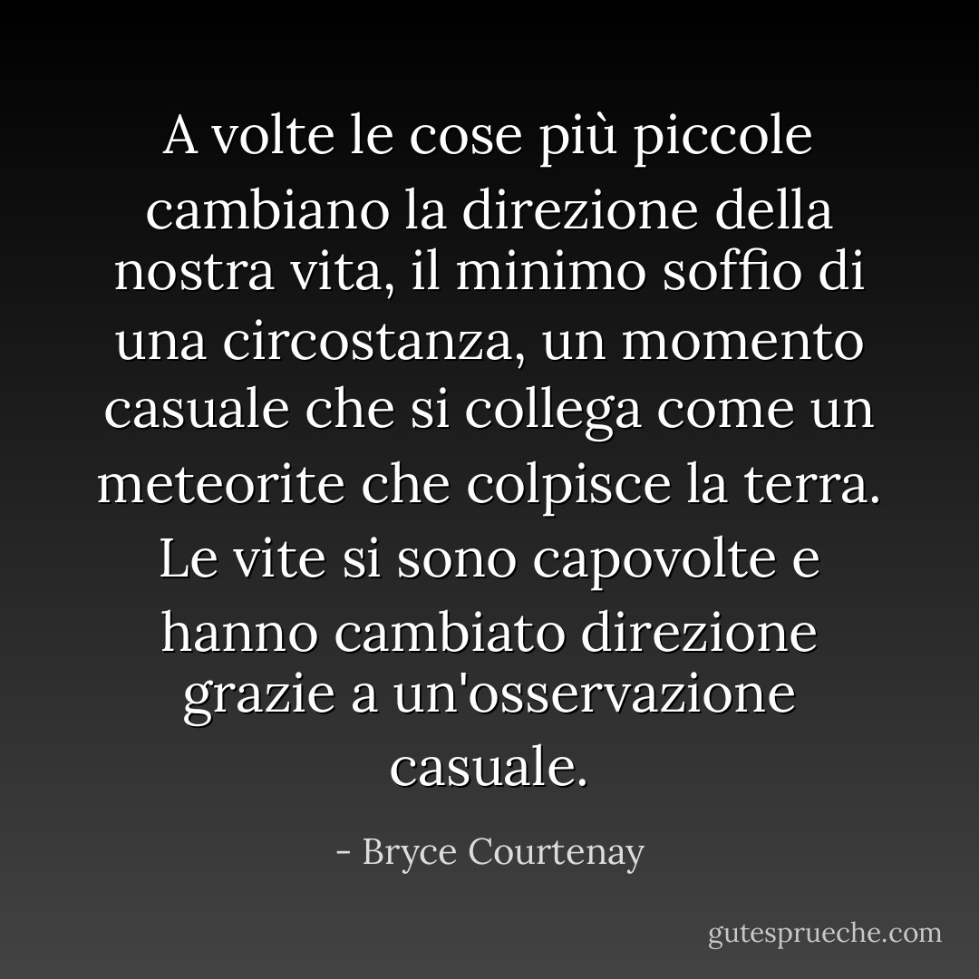 A volte le cose più piccole cambiano la direzione della nostra vita, il minimo soffio di una circostanza, un momento casuale che si collega come un meteorite che colpisce la terra. Le vite si sono capovolte e hanno cambiato direzione grazie a un'osservazione casuale. - Bryce Courtenay