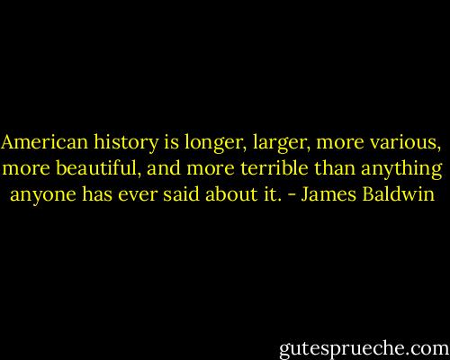 American history is longer, larger, more various, more beautiful, and more terrible than anything anyone has ever said about it. - James Baldwin