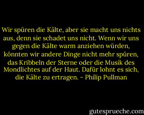 Wir spüren die Kälte, aber sie macht uns nichts aus, denn sie schadet uns nicht. Wenn wir uns gegen die Kälte warm anziehen würden, könnten wir andere Dinge nicht mehr spüren, das Kribbeln der Sterne oder die Musik des Mondlichtes auf der Haut. Dafür lohnt es sich, die Kälte zu ertragen. - Philip Pullman