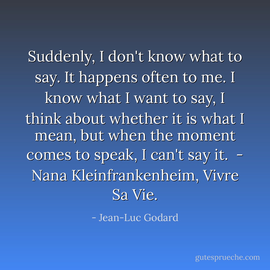 Suddenly, I don't know what to say. It happens often to me. I know what I want to say, I think about whether it is what I mean, but when the moment comes to speak, I can't say it. <br />- Nana Kleinfrankenheim, Vivre Sa Vie. - Jean-Luc Godard