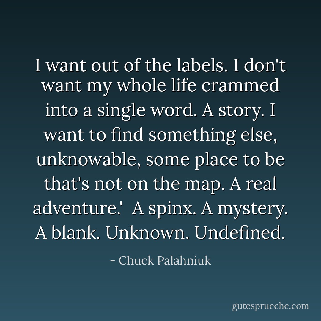 I want out of the labels. I don't want my whole life crammed into a single word. A story. I want to find something else, unknowable, some place to be that's not on the map. A real adventure.' <br />A spinx. A mystery. A blank. Unknown. Undefined. - Chuck Palahniuk