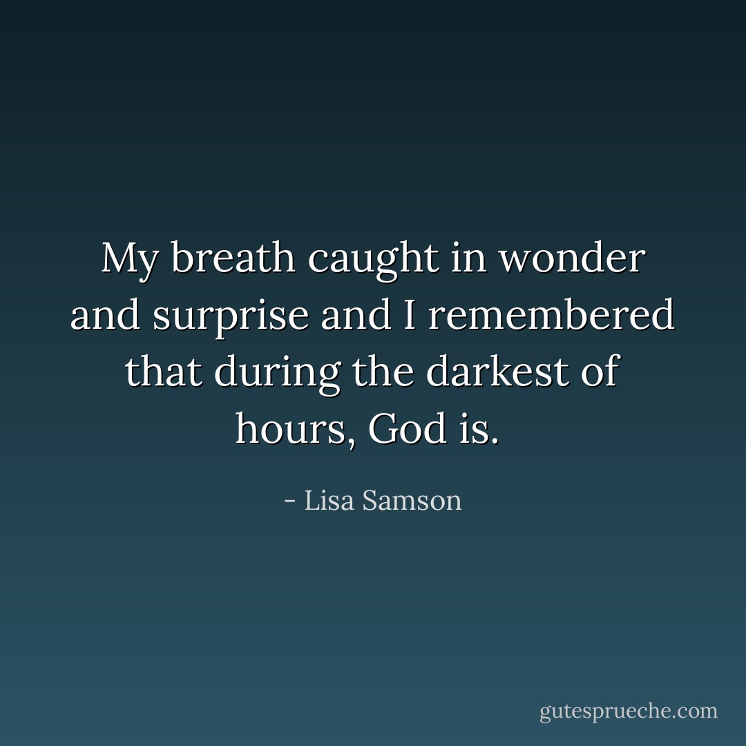 My breath caught in wonder and surprise and I remembered that during the darkest of hours, God is.  - Lisa Samson