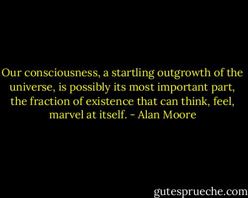 Our consciousness, a startling outgrowth of the universe, is possibly its most important part, the fraction of existence that can think, feel, marvel at itself. - Alan Moore