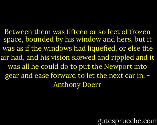 Between them was fifteen or so feet of frozen space, bounded by his window and hers, but it was as if the windows had liquefied, or else the air had, and his vision skewed and rippled and it was all he could do to put the Newport into gear and ease forward to let the next car in. - Anthony Doerr
