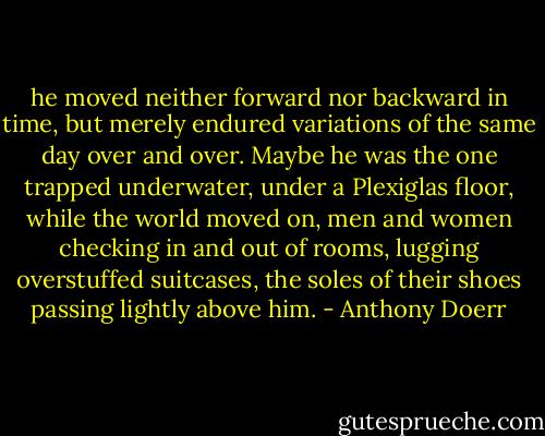 he moved neither forward nor backward in time, but merely endured variations of the same day over and over. Maybe he was the one trapped underwater, under a Plexiglas floor, while the world moved on, men and women checking in and out of rooms, lugging overstuffed suitcases, the soles of their shoes passing lightly above him. - Anthony Doerr