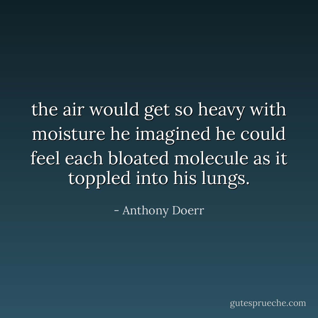 the air would get so heavy with moisture he imagined he could feel each bloated molecule as it toppled into his lungs. - Anthony Doerr