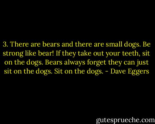3. There are bears and there are small dogs. Be strong like bear! If they take out your teeth, sit on the dogs. Bears always forget they can just sit on the dogs. Sit on the dogs. - Dave Eggers