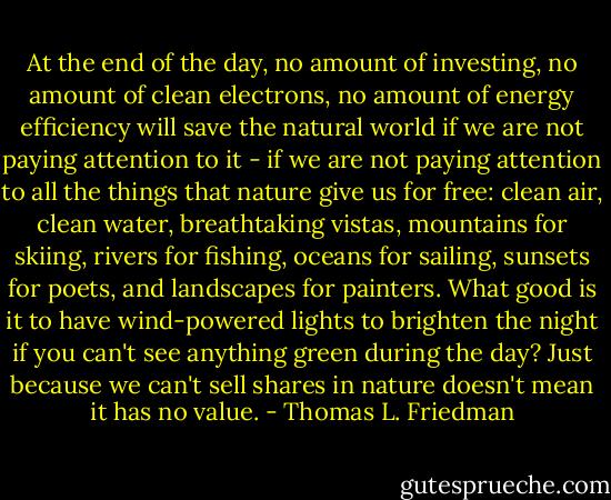 At the end of the day, no amount of investing, no amount of clean electrons, no amount of energy efficiency will save the natural world if we are not paying attention to it - if we are not paying attention to all the things that nature give us for free: clean air, clean water, breathtaking vistas, mountains for skiing, rivers for fishing, oceans for sailing, sunsets for poets, and landscapes for painters. What good is it to have wind-powered lights to brighten the night if you can't see anything green during the day? Just because we can't sell shares in nature doesn't mean it has no value. - Thomas L. Friedman