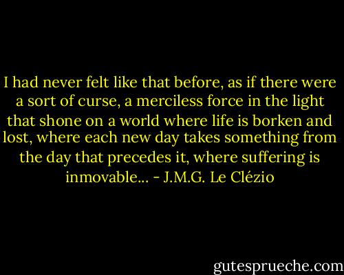 I had never felt like that before, as if there were a sort of curse, a merciless force in the light that shone on a world where life is borken and lost, where each new day takes something from the day that precedes it, where suffering is inmovable... - J.M.G. Le Clézio
