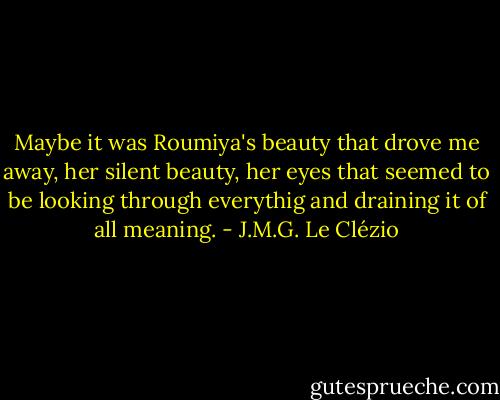 Maybe it was Roumiya's beauty that drove me away, her silent beauty, her eyes that seemed to be looking through everythig and draining it of all meaning. - J.M.G. Le Clézio