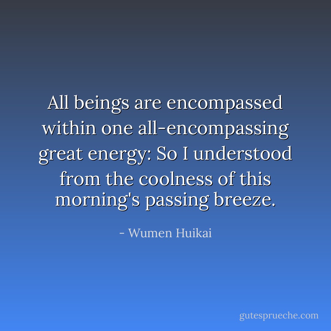 All beings are encompassed within one all-encompassing great energy: So I understood from the coolness of this morning's passing breeze. - Wumen Huikai