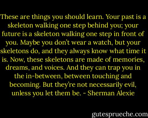 These are things you should learn. Your past is a skeleton walking one step behind you; your future is a skeleton walking one step in front of you. Maybe you don’t wear a watch, but your skeletons do, and they always know what time it is. Now, these skeletons are made of memories, dreams, and voices. And they can trap you in the in-between, between touching and becoming. But they’re not necessarily evil, unless you let them be. - Sherman Alexie