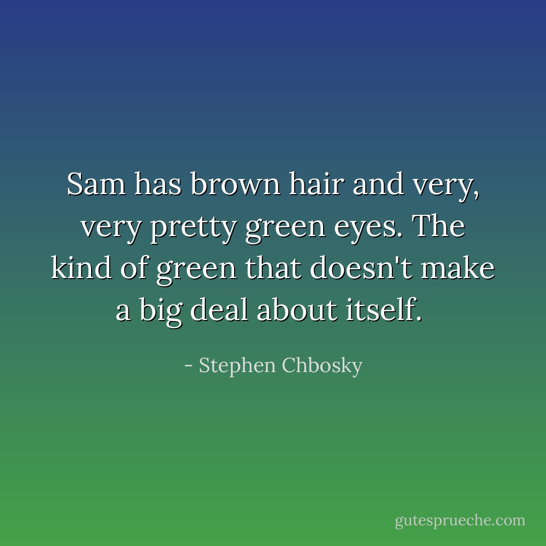 Sam has brown hair and very, very pretty green eyes. The kind of green that doesn't make a big deal about itself.  - Stephen Chbosky