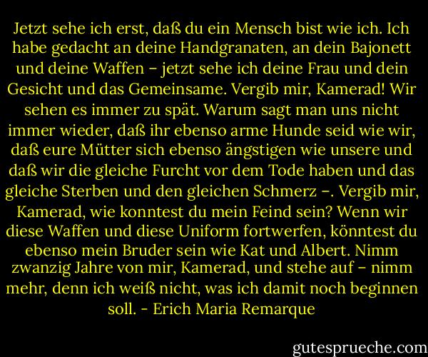 Jetzt sehe ich erst, daß du ein Mensch bist wie ich. Ich habe gedacht an deine Handgranaten, an dein Bajonett und deine Waffen – jetzt sehe ich deine Frau und dein Gesicht und das Gemeinsame. Vergib mir, Kamerad! Wir sehen es immer zu spät. Warum sagt man uns nicht immer wieder, daß ihr ebenso arme Hunde seid wie wir, daß eure Mütter sich ebenso ängstigen wie unsere und daß wir die gleiche Furcht vor dem Tode haben und das gleiche Sterben und den gleichen Schmerz –. Vergib mir, Kamerad, wie konntest du mein Feind sein? Wenn wir diese Waffen und diese Uniform fortwerfen, könntest du ebenso mein Bruder sein wie Kat und Albert. Nimm zwanzig Jahre von mir, Kamerad, und stehe auf – nimm mehr, denn ich weiß nicht, was ich damit noch beginnen soll. - Erich Maria Remarque