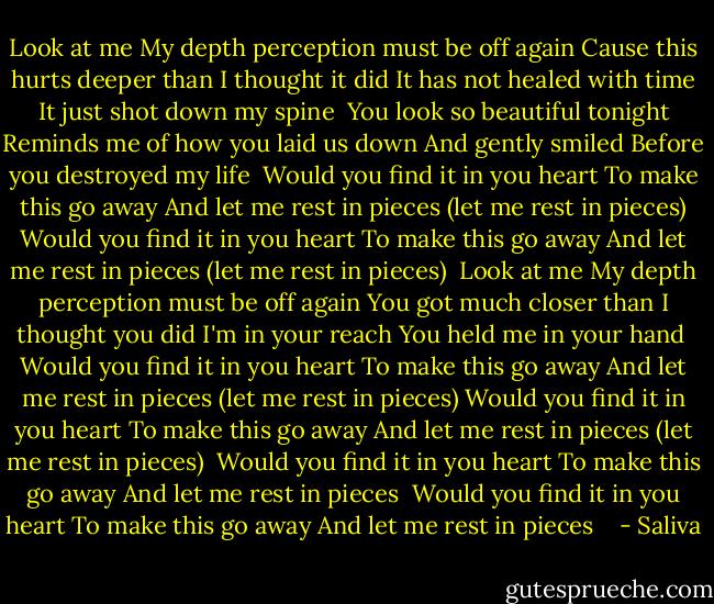 Look at me<br />My depth perception must be off again<br />Cause this hurts deeper than I thought it did<br />It has not healed with time<br />It just shot down my spine<br /><br />You look so beautiful tonight<br />Reminds me of how you laid us down<br />And gently smiled<br />Before you destroyed my life<br /><br />Would you find it in you heart<br />To make this go away<br />And let me rest in pieces (let me rest in pieces)<br />Would you find it in you heart<br />To make this go away<br />And let me rest in pieces (let me rest in pieces)<br /><br />Look at me<br />My depth perception must be off again<br />You got much closer than I thought you did<br />I'm in your reach<br />You held me in your hand<br /><br />Would you find it in you heart<br />To make this go away<br />And let me rest in pieces (let me rest in pieces)<br />Would you find it in you heart<br />To make this go away<br />And let me rest in pieces (let me rest in pieces)<br /><br />Would you find it in you heart<br />To make this go away<br />And let me rest in pieces <br />Would you find it in you heart<br />To make this go away<br />And let me rest in pieces<br /><br /><br /> - Saliva
