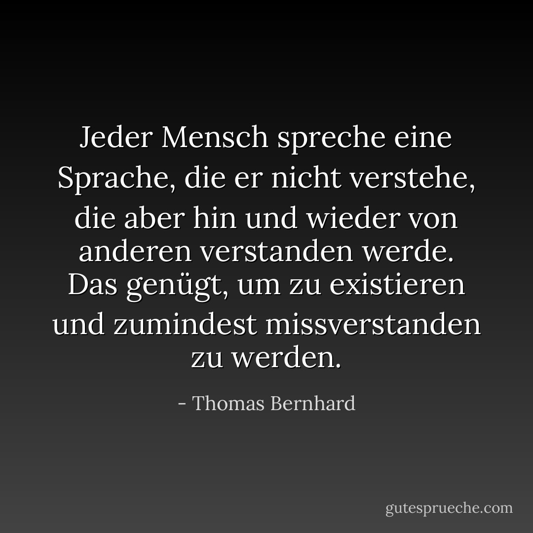 Jeder Mensch spreche eine Sprache, die er nicht verstehe, die aber hin und wieder von anderen verstanden werde. Das genügt, um zu existieren und zumindest missverstanden zu werden. - Thomas Bernhard<