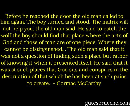 Before he reached the door the old man called to him again. The boy turned and stood. The matrix will not help you, the old man said. He said to catch the wolf the boy should find that place where the acts of God and those of man are of one piece. Where they cannot be distinguished... The old man said that it was not a question of finding such a place but rather of knowing it when it presented itself. He said that it was at such places that God sits and conspires in the destruction of that which he has been at such pains to create.  - Cormac McCarthy