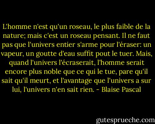 L'homme n'est qu'un roseau, le plus faible de la nature; mais c'est un roseau pensant. Il ne faut pas que l'univers entier s'arme pour l'éraser: un vapeur, un goutte d'eau suffit pout le tuer. Mais, quand l'univers l'écraserait, l'homme serait encore plus noble que ce qui le tue, pare qu'il sait qu'il meurt, et l'avantage que l'univers a sur lui, l'univers n'en sait rien. - Blaise Pascal