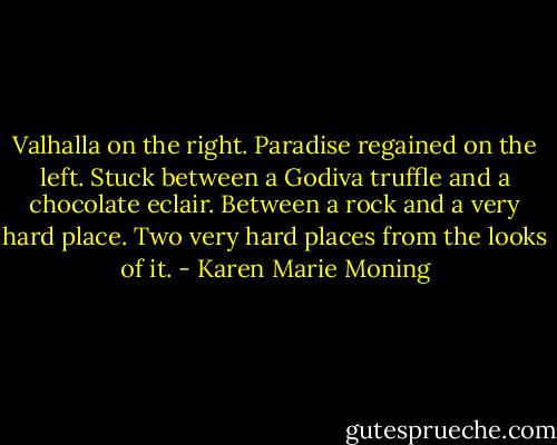 Valhalla on the right. Paradise regained on the left. Stuck between a Godiva truffle and a chocolate eclair. Between a rock and a very hard place. Two very hard places from the looks of it. - Karen Marie Moning