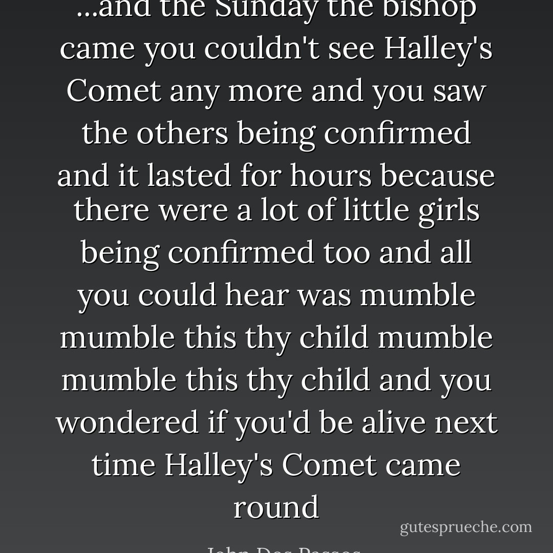 ...and the Sunday the bishop came you couldn't see Halley's Comet any more and you saw the others being confirmed and it lasted for hours because there were a lot of little girls being confirmed too and all you could hear was mumble mumble this thy child mumble mumble this thy child and you wondered if you'd be alive next time Halley's Comet came round - John Dos Passos