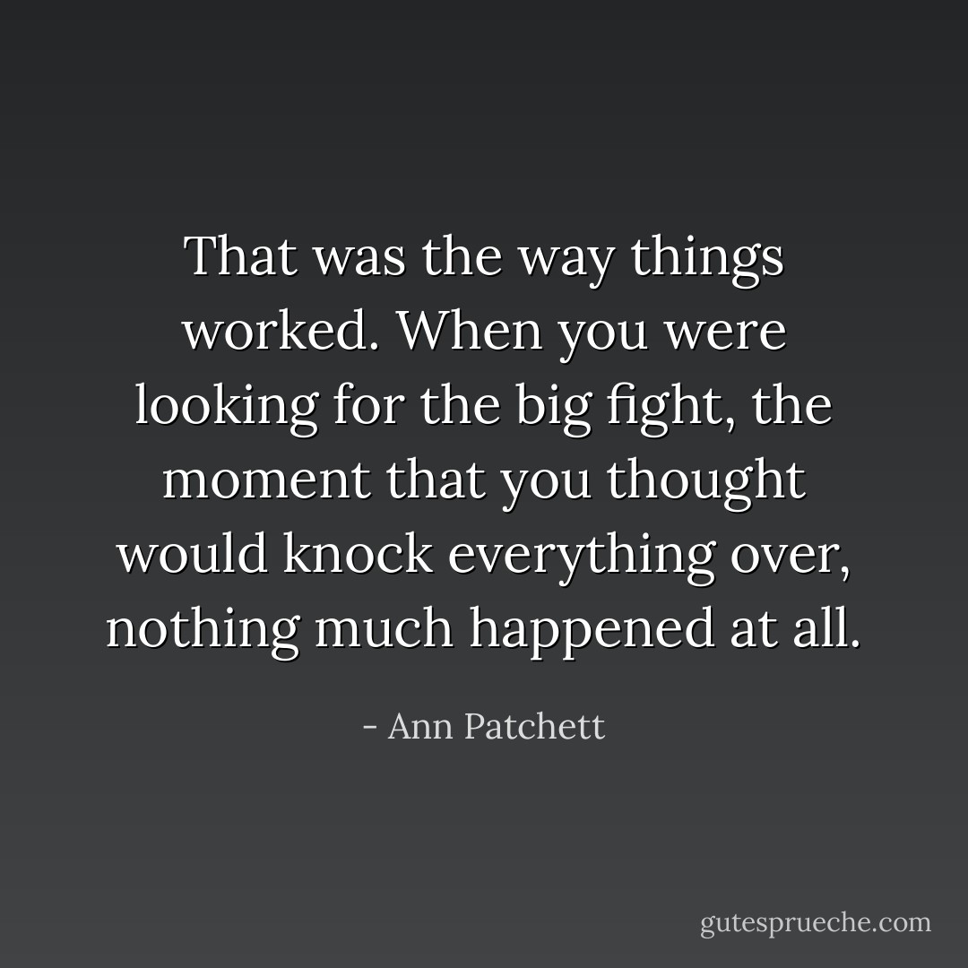 That was the way things worked. When you were looking for the big fight, the moment that you thought would knock everything over, nothing much happened at all. - Ann Patchett