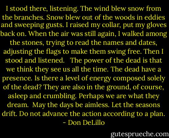 I stood there, listening. The wind blew snow from the branches. Snow blew out of the woods in eddies and sweeping gusts. I raised my collar, put my gloves back on. When the air was still again, I walked among the stones, trying to read the names and dates, adjusting the flags to make them swing free. Then I stood and listened. <br /><br />The power of the dead is that we think they see us all the time. The dead have a presence. Is there a level of energy composed solely of the dead? They are also in the ground, of course, asleep and crumbling. Perhaps we are what they dream. <br />May the days be aimless. Let the seasons drift. Do not advance the action according to a plan. - Don DeLillo