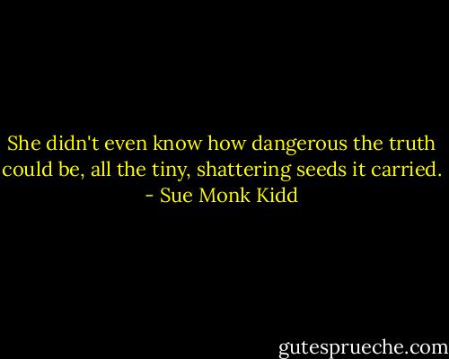 She didn't even know how dangerous the truth could be, all the tiny, shattering seeds it carried. - Sue Monk Kidd