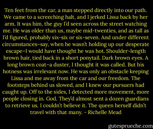 Ten feet from the car, a man stepped directly into our path. We came to a screeching halt, and I jerked Lissa back by her arm. It was him, the guy I’d seen across the street watching me. He was older than us, maybe mid-twenties, and as tall as I’d figured, probably six-six or six-seven. And under different circumstances–say, when he wasn’t holding up our desperate escape–I would have thought he was hot. Shoulder-length brown hair, tied back in a short ponytail. Dark brown eyes. A long brown coat–a duster, I thought it was called.<br />But his hotness was irrelevant now. He was only an obstacle keeping Lissa and me away from the car and our freedom. The footsteps behind us slowed, and I knew our pursuers had caught up. Off to the sides, I detected more movement, more people closing in. God. They’d almost sent a dozen guardians to retrieve us. I couldn’t believe it. The queen herself didn’t travel with that many. - Richelle Mead