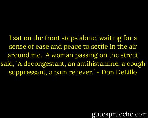 I sat on the front steps alone, waiting for a sense of ease and peace to settle in the air around me.<br /><br />A woman passing on the street said, ´A decongestant, an antihistamine, a cough suppressant, a pain reliever.´ - Don DeLillo