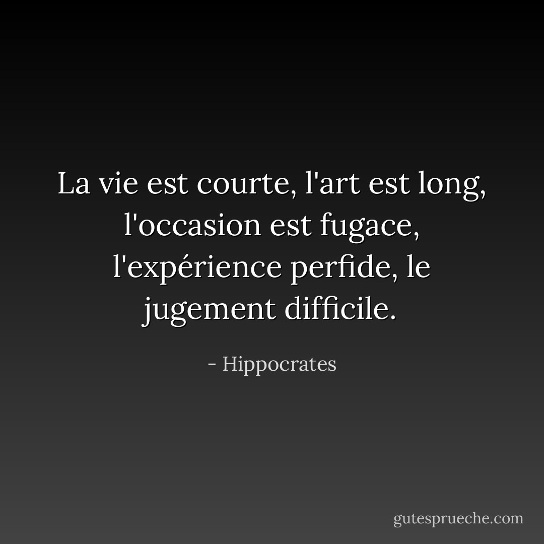 La vie est courte, l'art est long, l'occasion est fugace, l'expérience perfide, le jugement difficile. - Hippocrates