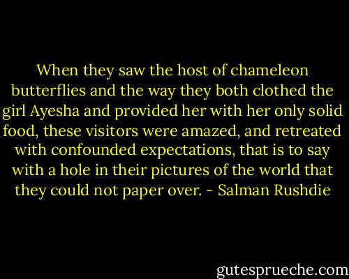 When they saw the host of chameleon butterflies and the way they both clothed the girl Ayesha and provided her with her only solid food, these visitors were amazed, and retreated with confounded expectations, that is to say with a hole in their pictures of the world that they could not paper over. - Salman Rushdie
