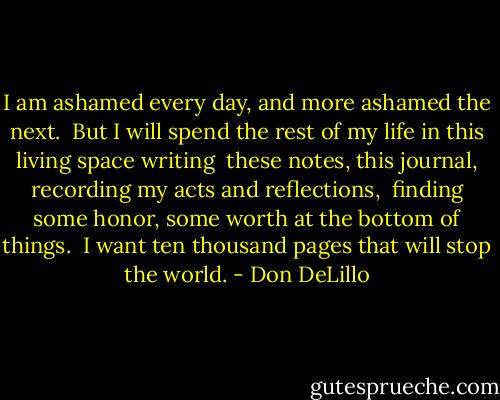 I am ashamed every day, and more ashamed the next. <br />But I will spend the rest of my life in this living space writing <br />these notes, this journal, recording my acts and reflections, <br />finding some honor, some worth at the bottom of things. <br />I want ten thousand pages that will stop the world. - Don DeLillo