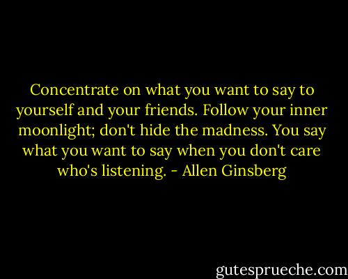 Concentrate on what you want to say to yourself and your friends. Follow your inner moonlight; don't hide the madness. You say what you want to say when you don't care who's listening. - Allen Ginsberg