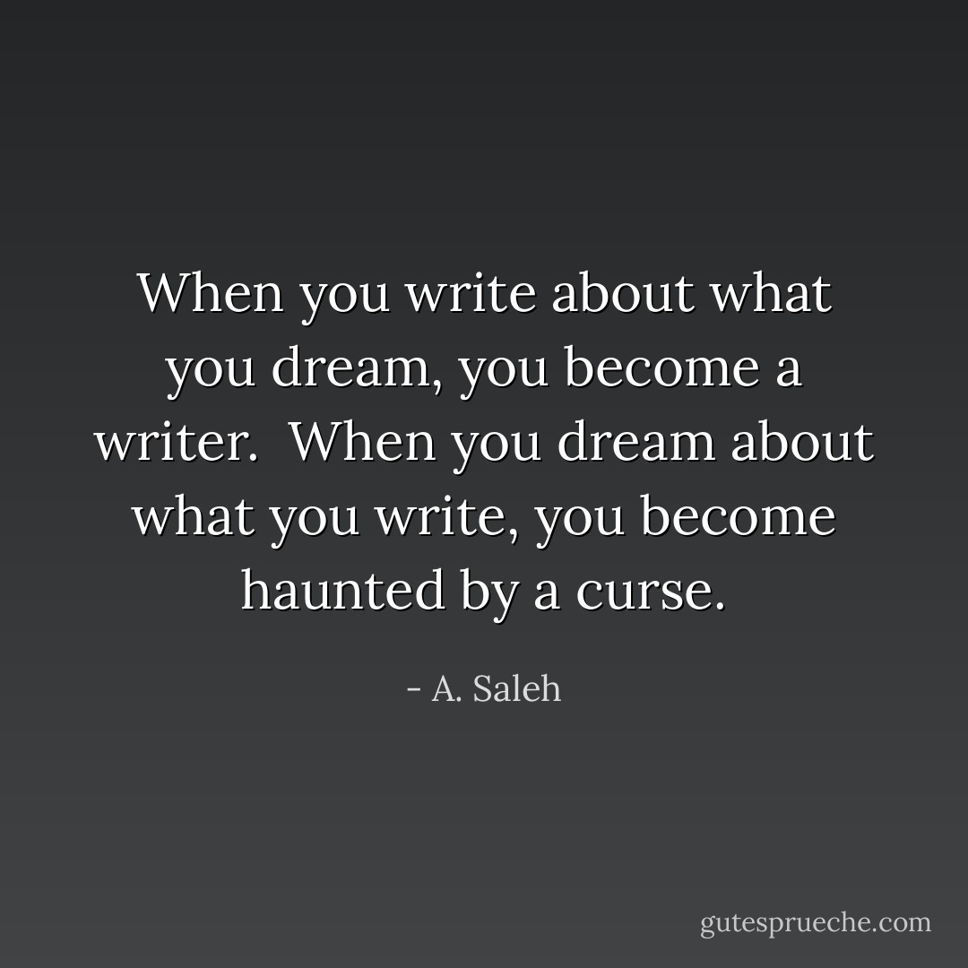 When you write about what you dream, you become a writer.<br /><br />When you dream about what you write, you become haunted by a curse. - A. Saleh