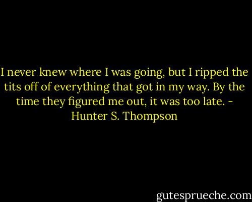 I never knew where I was going, but I ripped the tits off of everything that got in my way. By the time they figured me out, it was too late. - Hunter S. Thompson