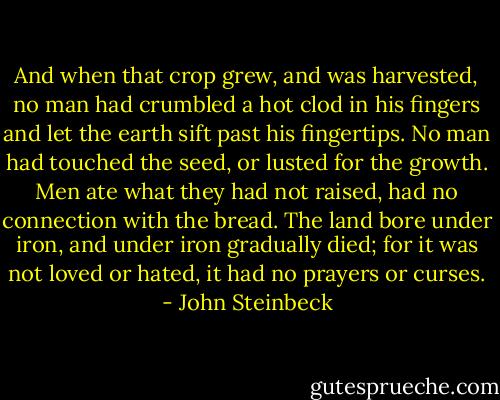 And when that crop grew, and was harvested, no man had crumbled a hot clod in his fingers and let the earth sift past his fingertips. No man had touched the seed, or lusted for the growth. Men ate what they had not raised, had no connection with the bread. The land bore under iron, and under iron gradually died; for it was not loved or hated, it had no prayers or curses. - John Steinbeck