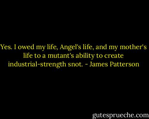 Yes. I owed my life, Angel's life, and my mother's life to a mutant's ability to create industrial-strength snot. - James Patterson
