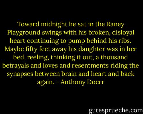 Toward midnight he sat in the Raney Playground swings with his broken, disloyal heart continuing to pump behind his ribs. Maybe fifty feet away his daughter was in her bed, reeling, thinking it out, a thousand betrayals and loves and resentments riding the synapses between brain and heart and back again. - Anthony Doerr