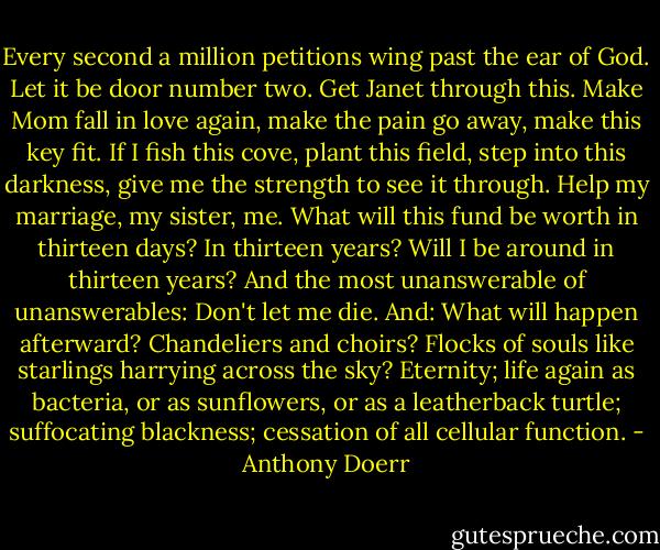 Every second a million petitions wing past the ear of God. Let it be door number two. Get Janet through this. Make Mom fall in love again, make the pain go away, make this key fit. If I fish this cove, plant this field, step into this darkness, give me the strength to see it through. Help my marriage, my sister, me. What will this fund be worth in thirteen days? In thirteen years? Will I be around in thirteen years? And the most unanswerable of unanswerables: Don't let me die. And: What will happen afterward? Chandeliers and choirs? Flocks of souls like starlings harrying across the sky? Eternity; life again as bacteria, or as sunflowers, or as a leatherback turtle; suffocating blackness; cessation of all cellular function. - Anthony Doerr