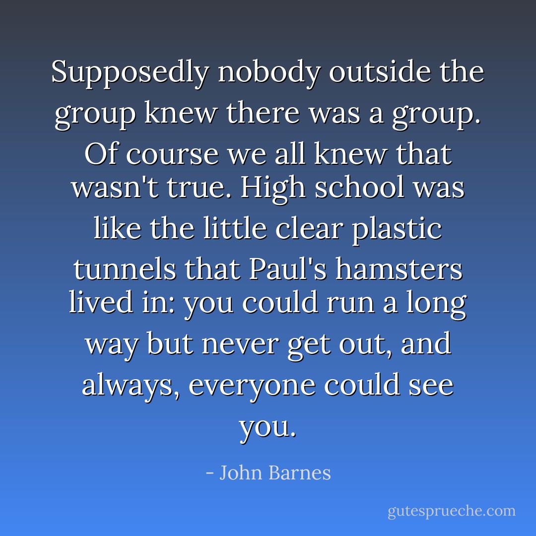 Supposedly nobody outside the group knew there was a group. Of course we all knew that wasn't true. High school was like the little clear plastic tunnels that Paul's hamsters lived in: you could run a long way but never get out, and always, everyone could see you. - John Barnes