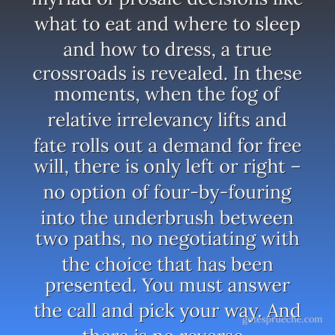 Sometimes in life, from out of a myriad of prosaic decisions like what to eat and where to sleep and how to dress, a true crossroads is revealed. In these moments, when the fog of relative irrelevancy lifts and fate rolls out a demand for free will, there is only left or right – no option of four-by-fouring into the underbrush between two paths, no negotiating with the choice that has been presented. You must answer the call and pick your way. And there is no reverse.  - J.R. Ward