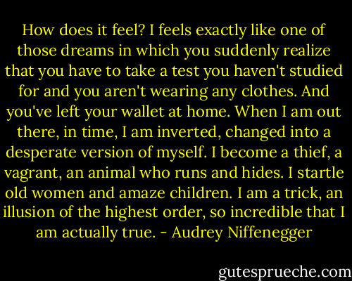 How does it feel?<br />I feels exactly like one of those dreams in which you suddenly realize that you have to take a test you haven't studied for and you aren't wearing any clothes. And you've left your wallet at home.<br />When I am out there, in time, I am inverted, changed into a desperate version of myself. I become a thief, a vagrant, an animal who runs and hides. I startle old women and amaze children. I am a trick, an illusion of the highest order, so incredible that I am actually true. - Audrey Niffenegger