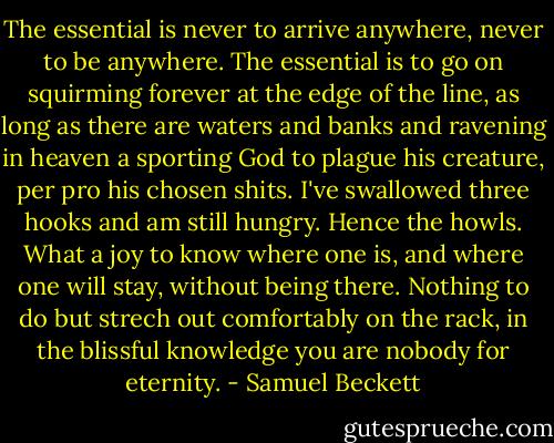 The essential is never to arrive anywhere, never to be anywhere. The essential is to go on squirming forever at the edge of the line, as long as there are waters and banks and ravening in heaven a sporting God to plague his creature, per pro his chosen shits. I've swallowed three hooks and am still hungry. Hence the howls. What a joy to know where one is, and where one will stay, without being there. Nothing to do but strech out comfortably on the rack, in the blissful knowledge you are nobody for eternity. - Samuel Beckett